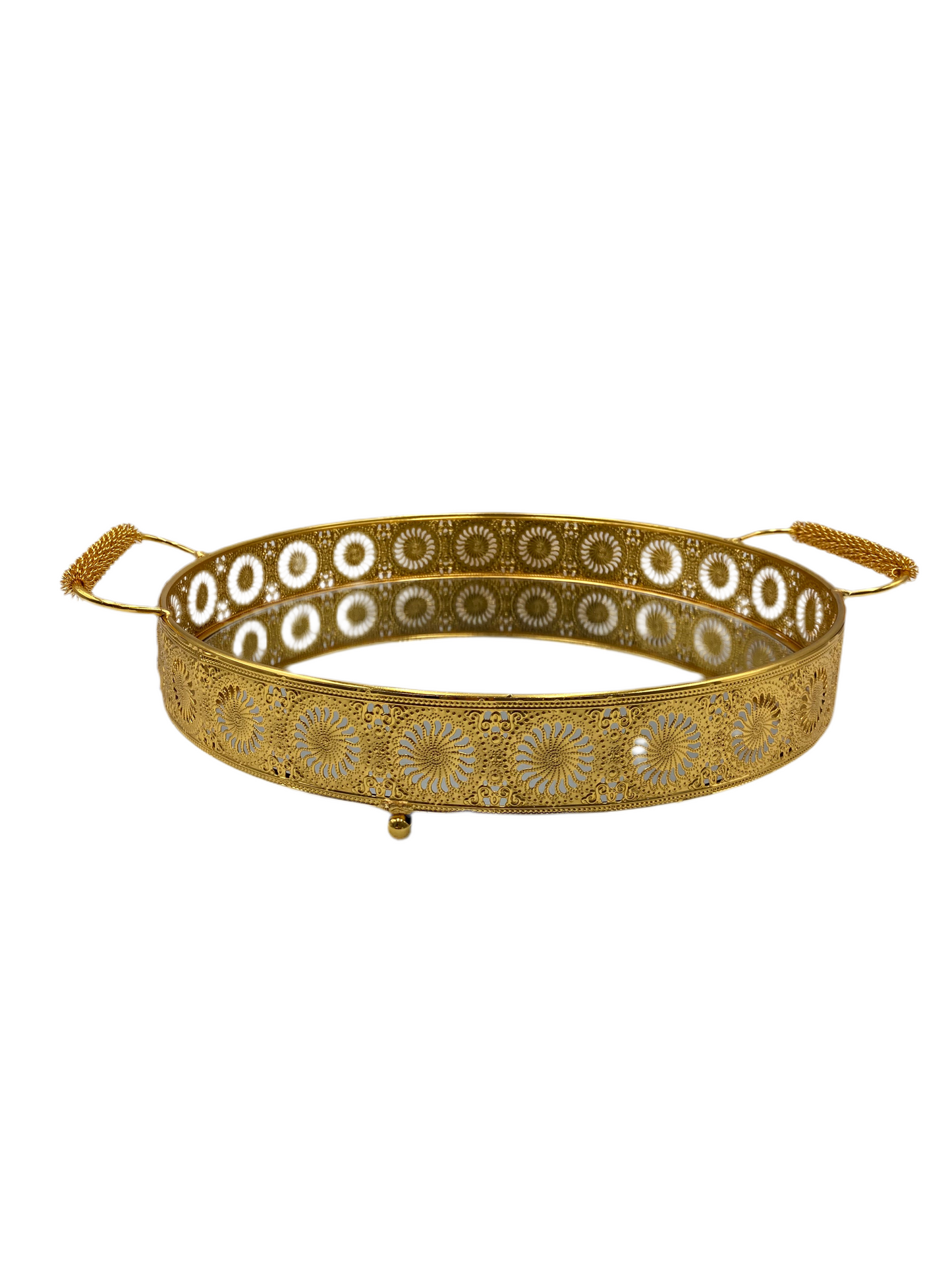 2 PCs Rounded Mirror Golden Metal Tray Set