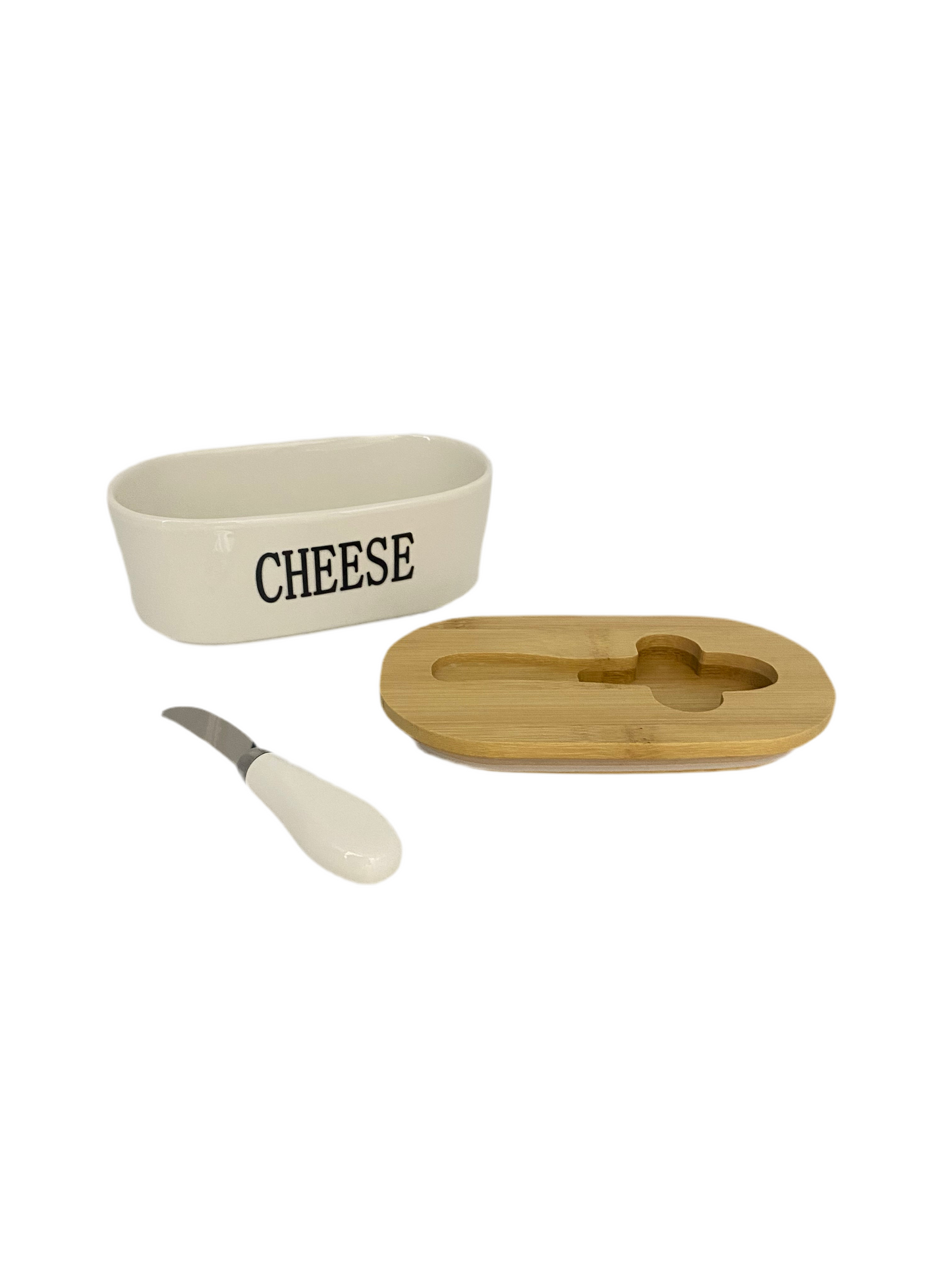 Oval Porcelain Butter /Cheese Bowl With Bamboo Lid & Knife
