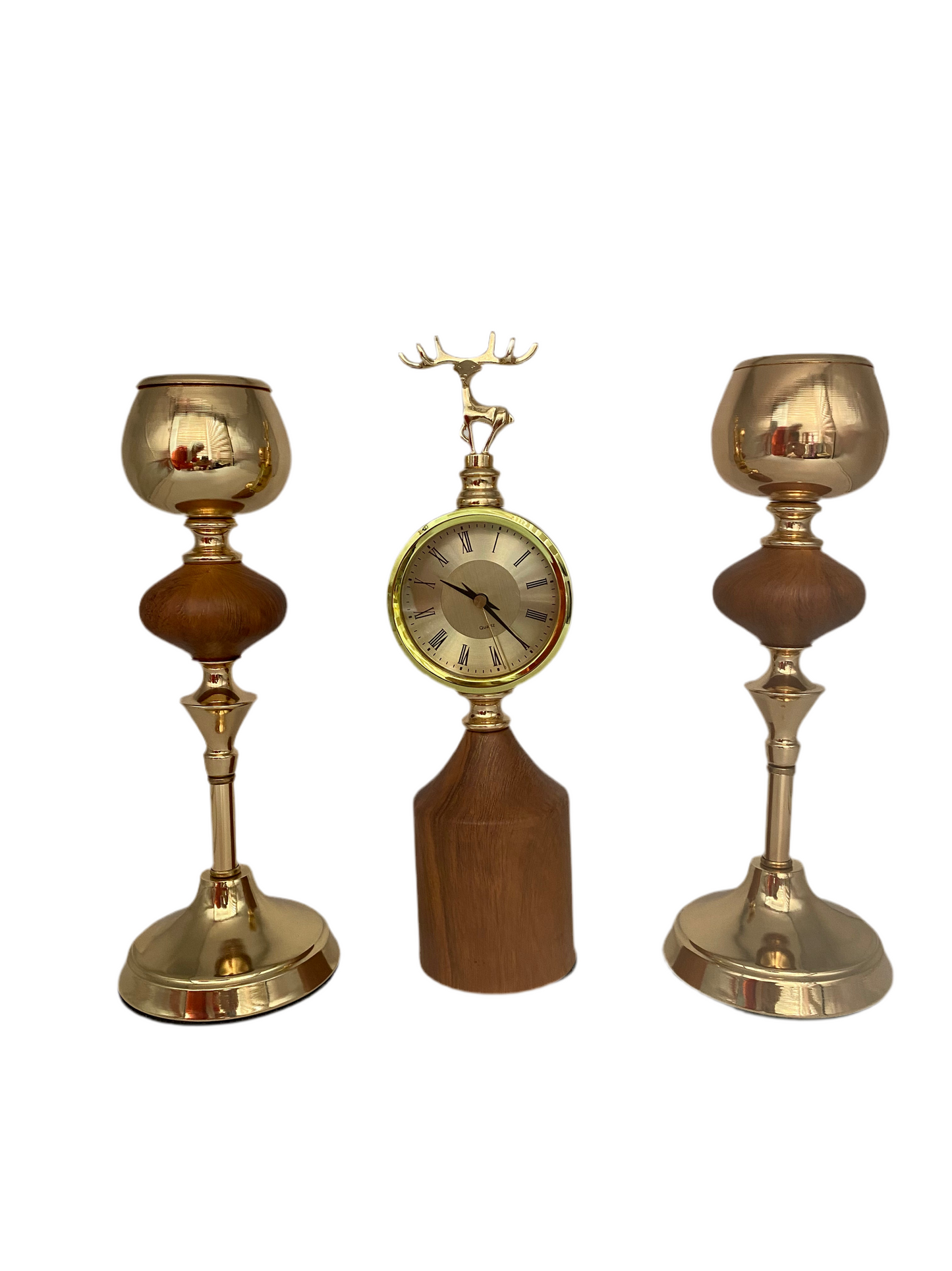 Set 3 pcs Wood/Metal Candle Holder with Roman Clock
