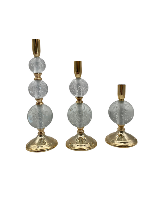 Set 3 Pcs Golden Metal Candle Holder With Crystal Ball
