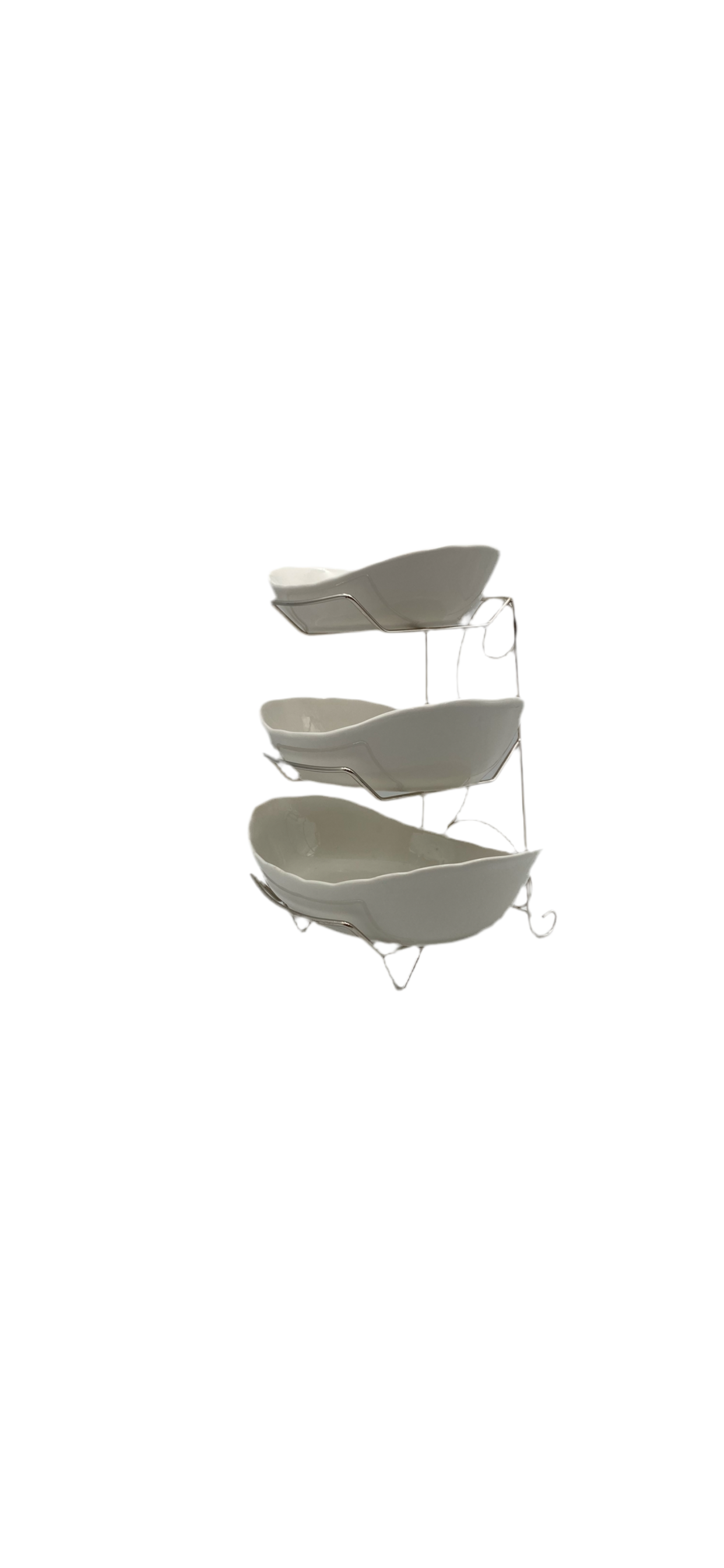 3 tier serving silver stand with 3 oval porcelain serving bowl set