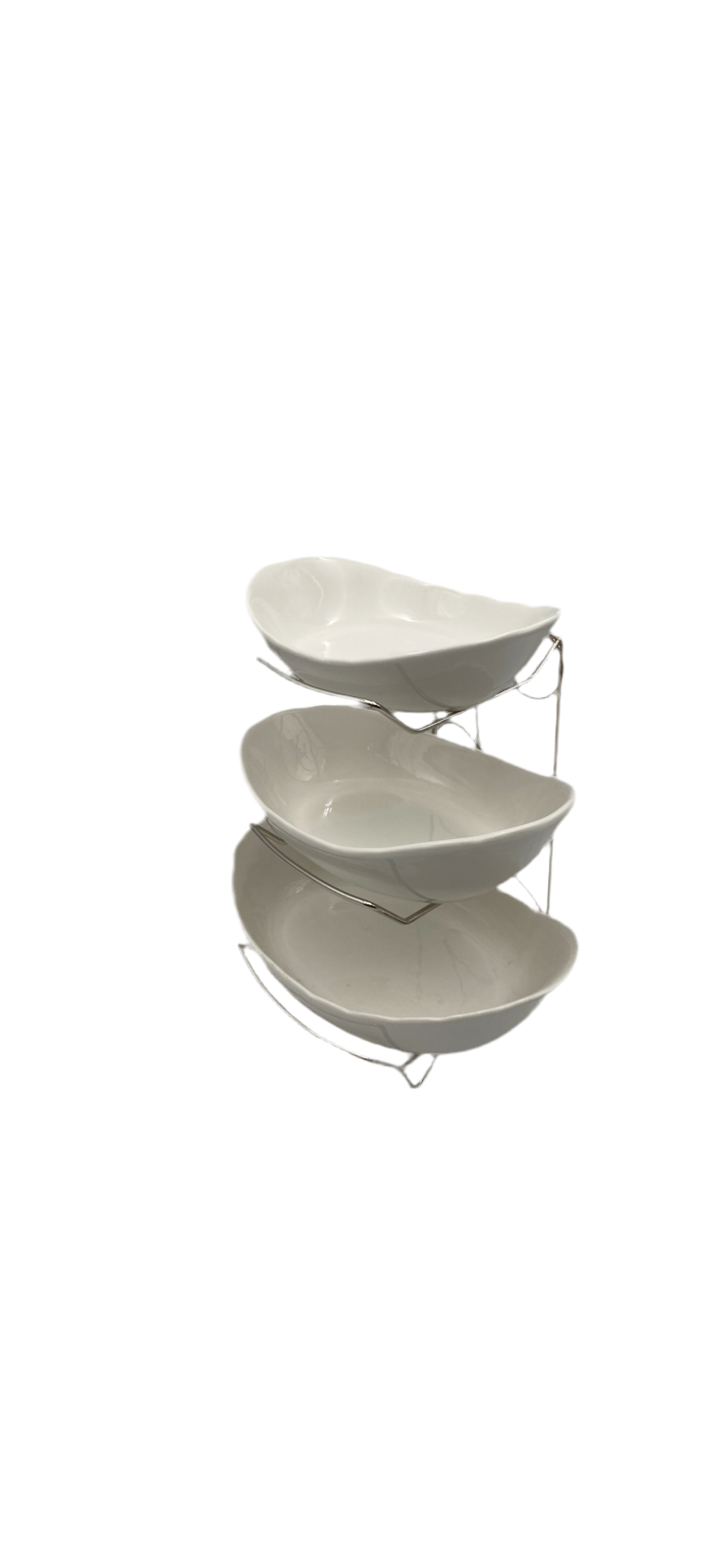 3 tier serving silver stand with 3 oval porcelain serving bowl set