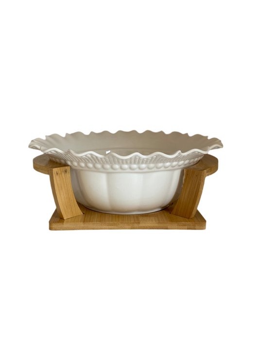 White Porcelain Flower Bowl With Bamboo Stand
