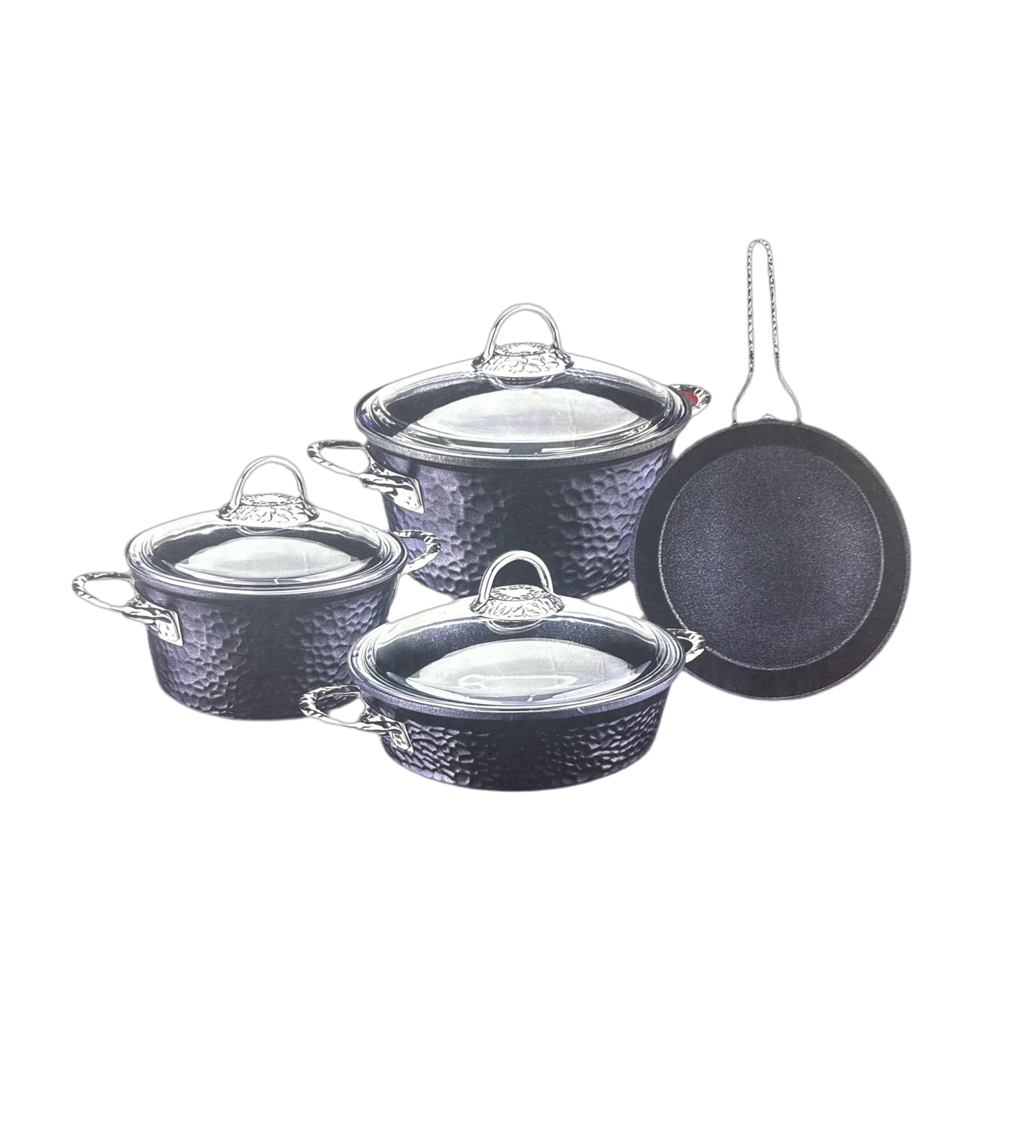Set of 7 black pots with silver handles