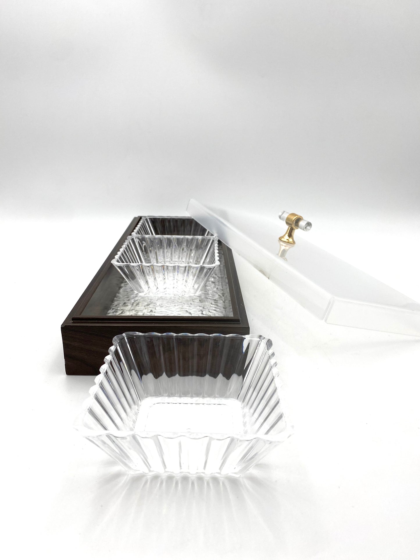 3 Pcs Squared Plexi Bowl In Rectangular Wooden Tray With Cover