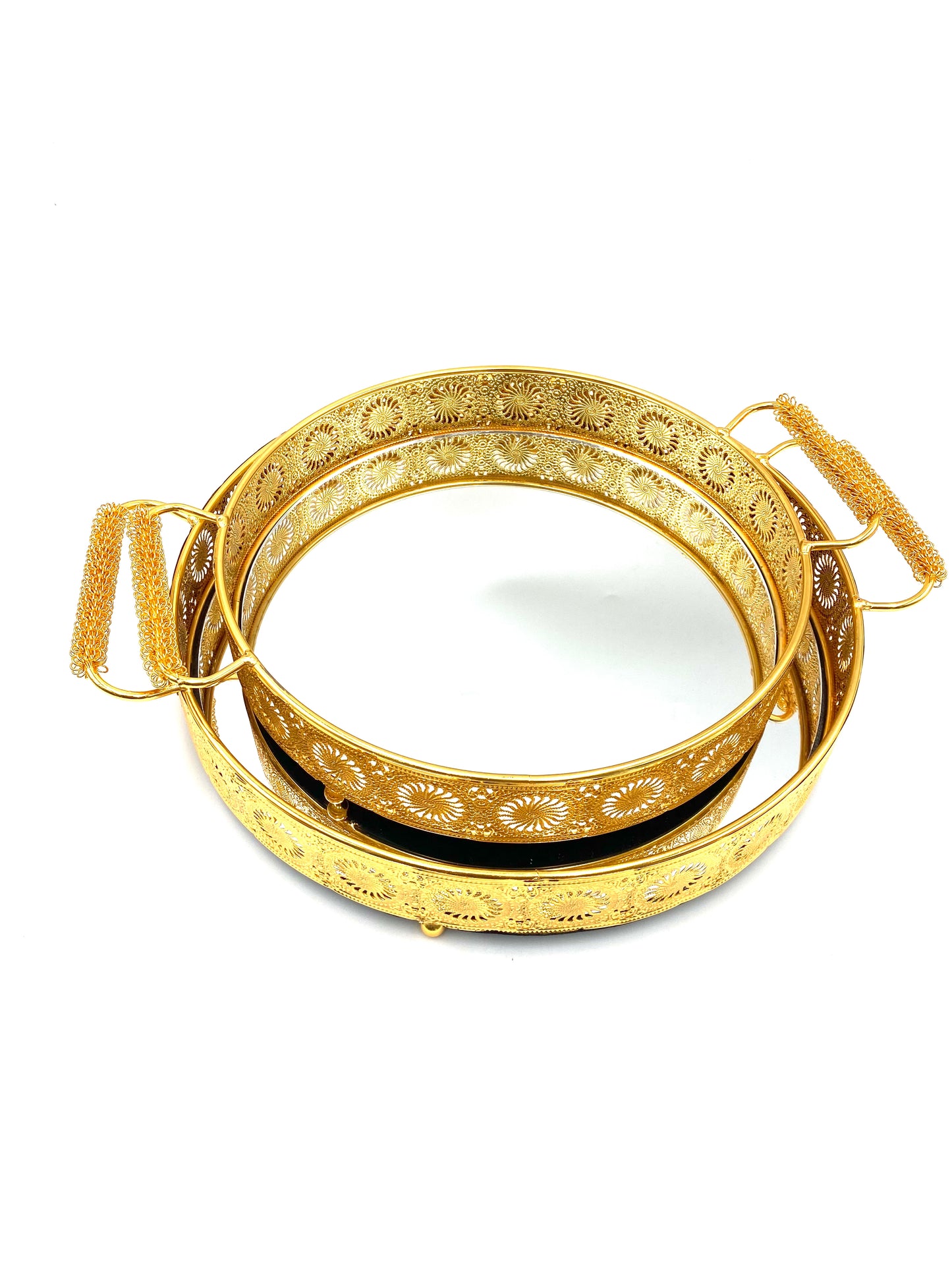 2 PCs Rounded Mirror Golden Metal Tray Set