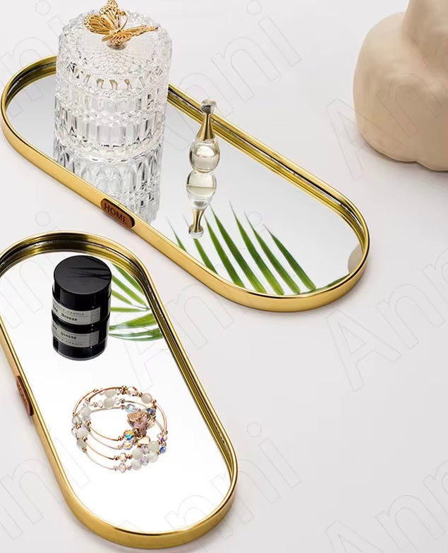 2 Pcs Oval Golden Aluminium Mirror Tray Set