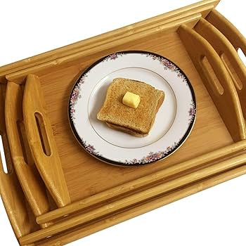 3 Pcs Rectangular Wood Bamboo Serving Tray Set