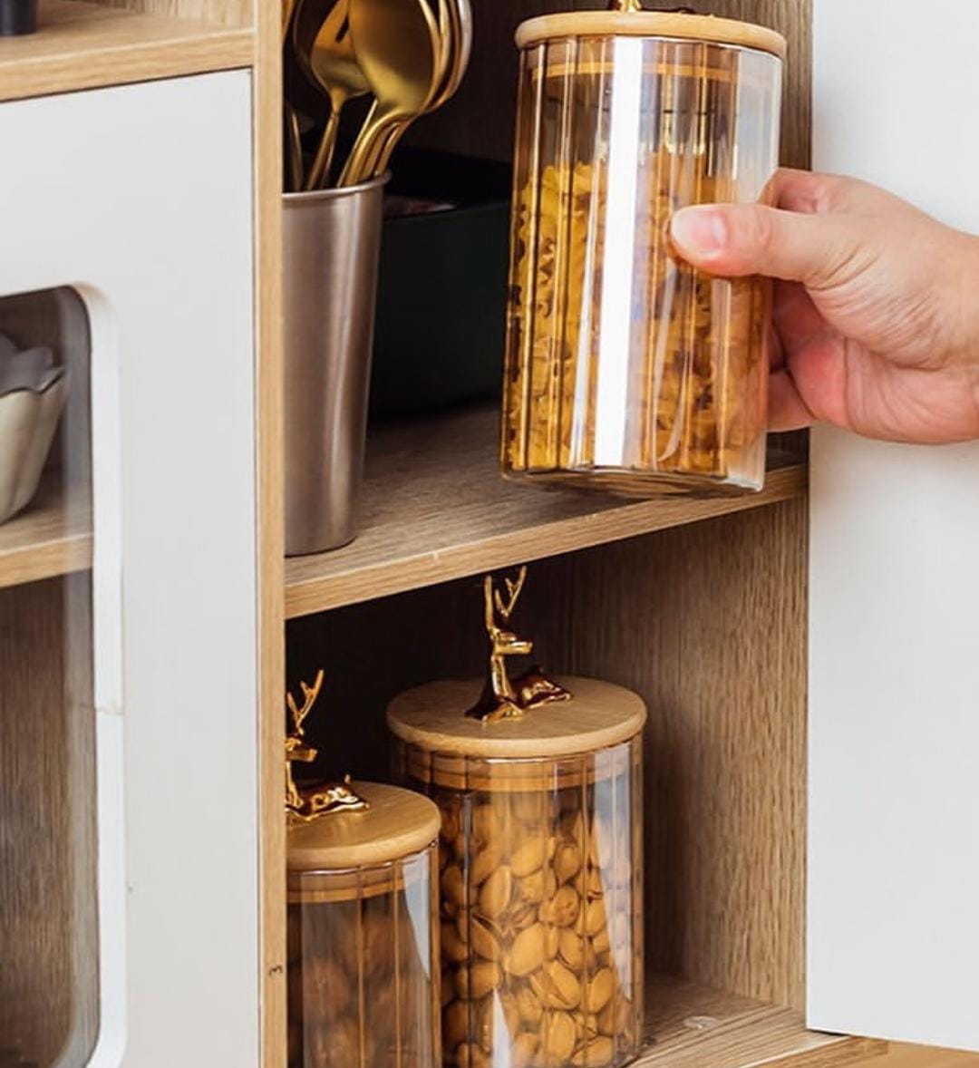 3 PCs Golden Vertical Stripe Spice Jars With Deer Head Lids
