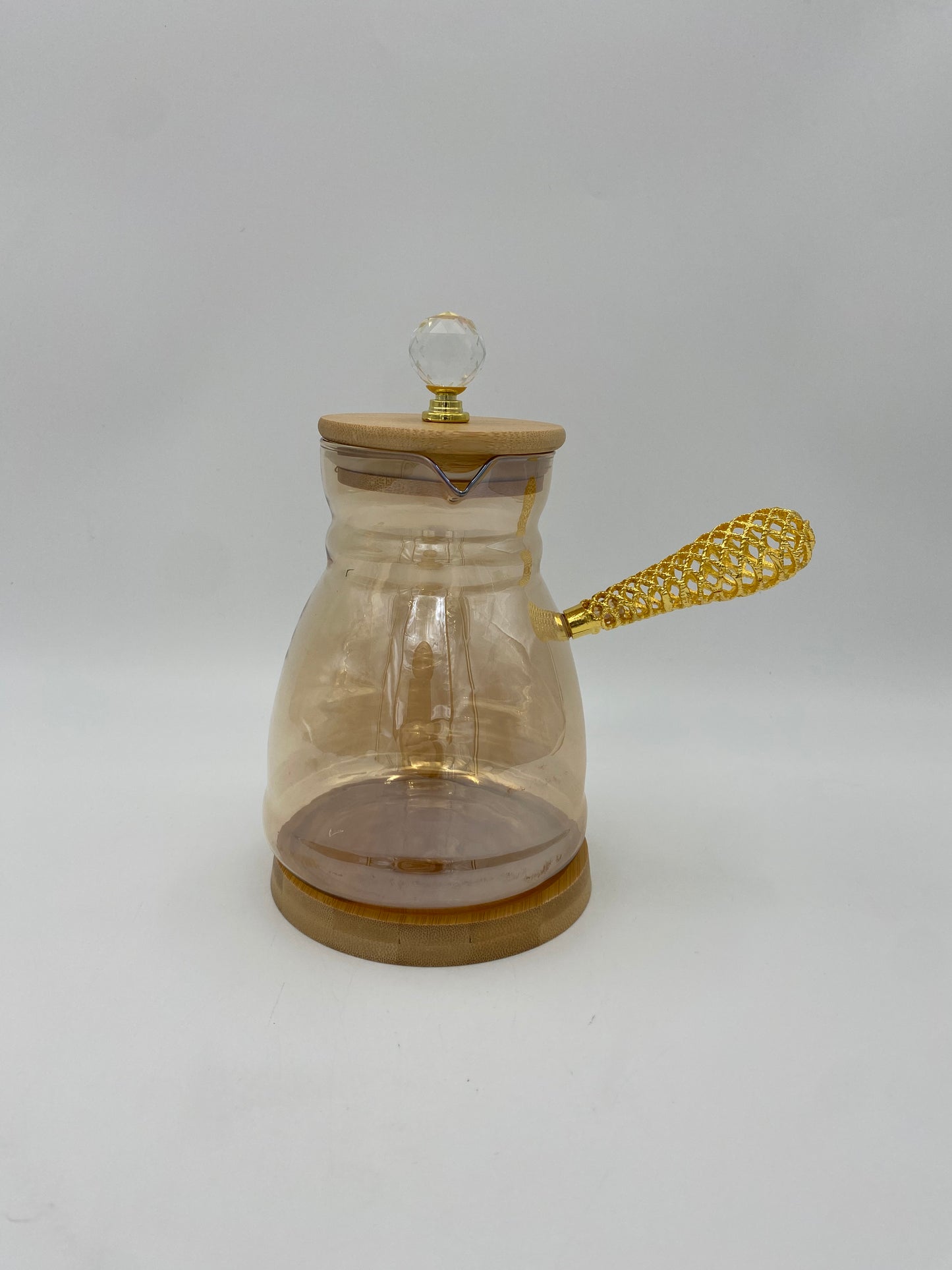 Glass coffee pot with wood lid and base