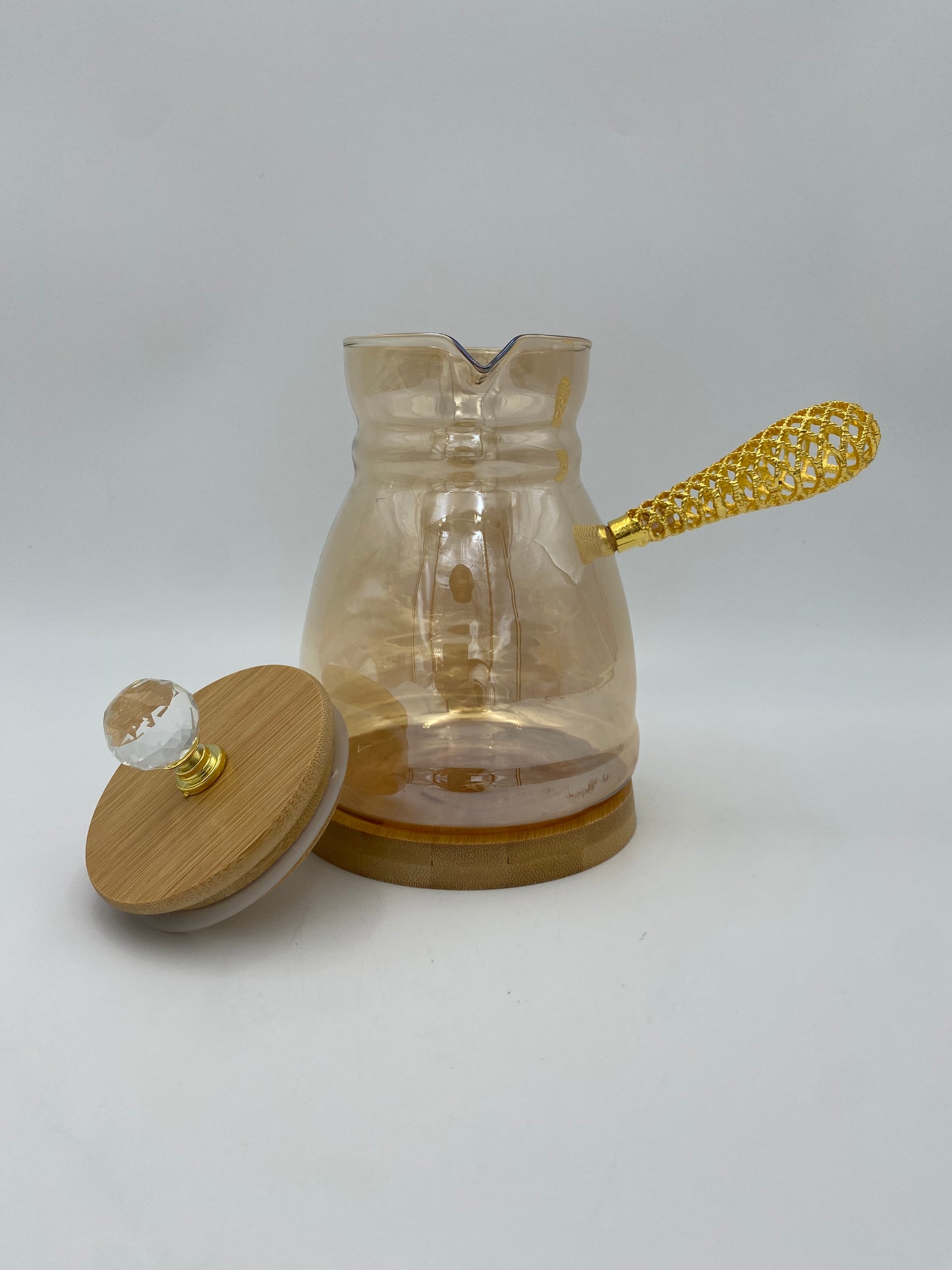 Glass coffee pot with wood lid and base
