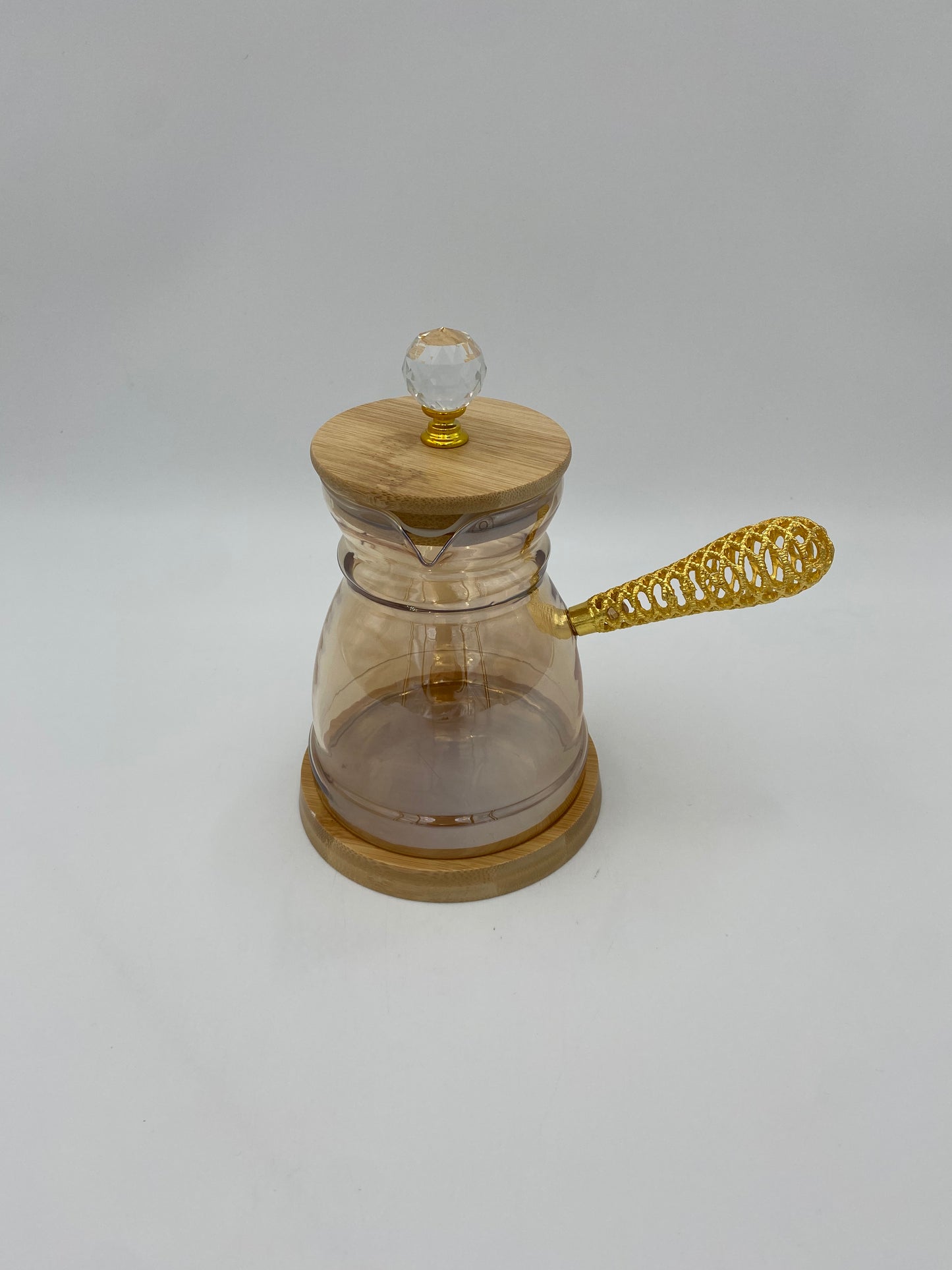 Glass coffee pot with wood lid and base