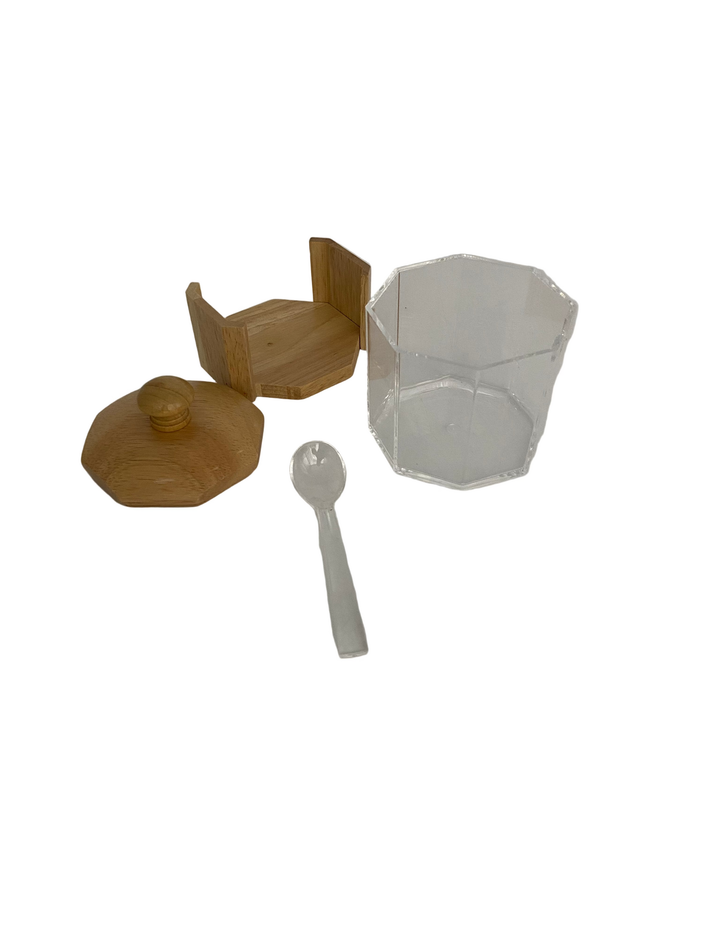 Hexagonal Acrylic Sugar Pot With Bamboo Stand & Lid