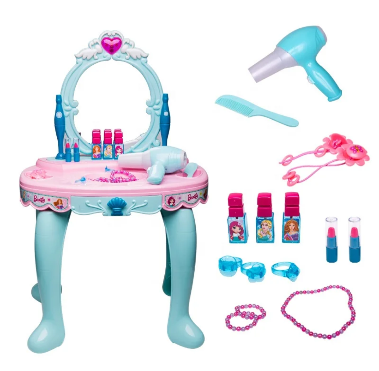 Cute Pretend Play Kids Princess Dressing Vanity Table Musical Beauty Makeup Table Set
