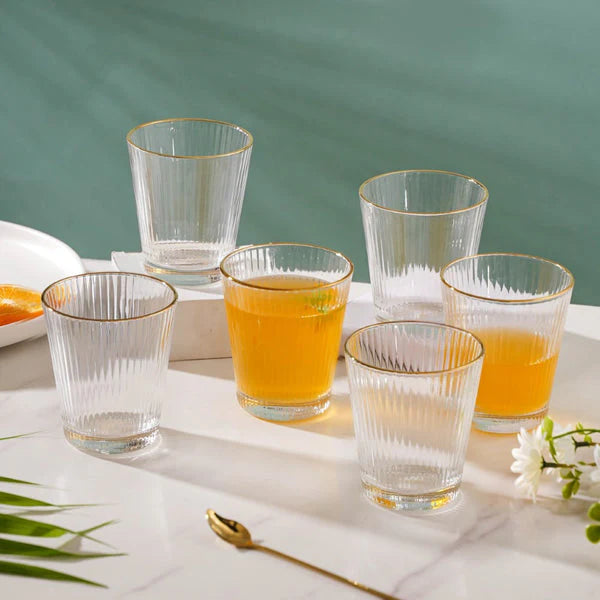 Set of 6 pcs gold ribbed glass tumbler