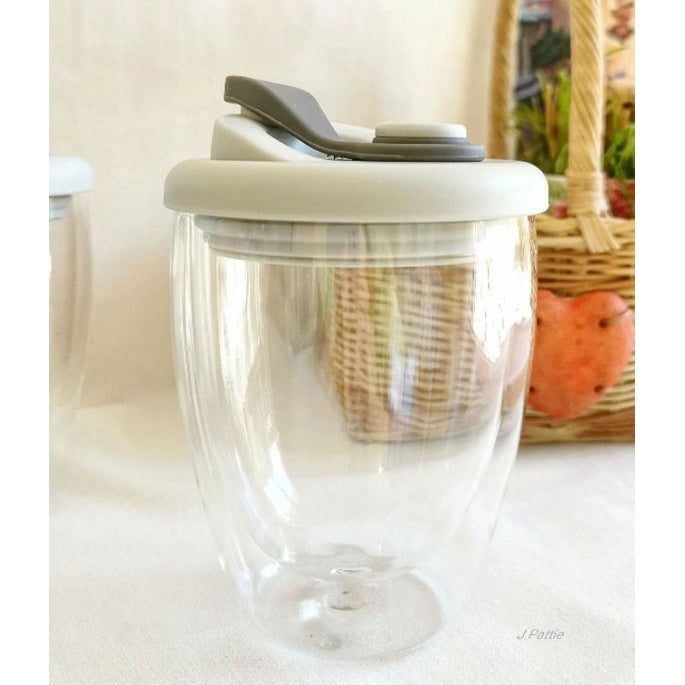 Double wall glass cup with leak proof cover 350 ml