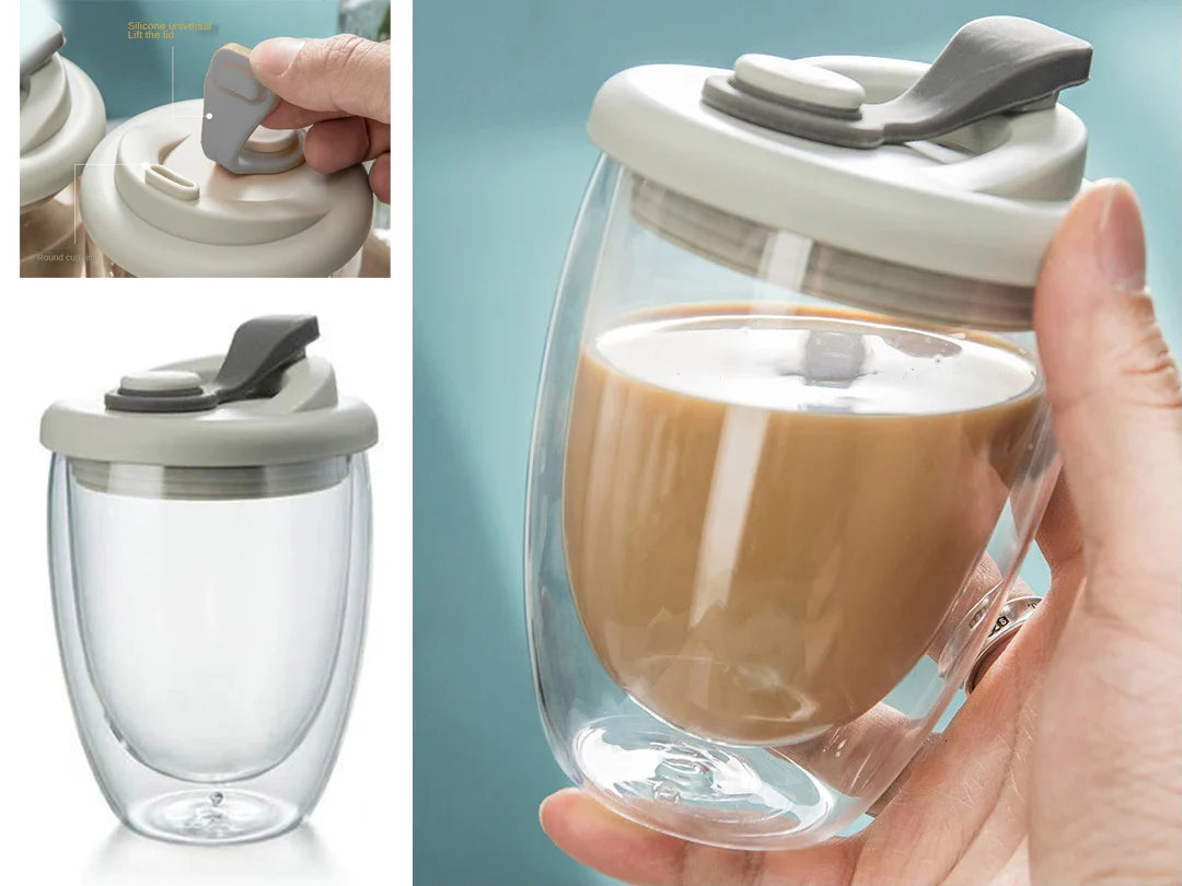 Double wall glass cup with leak proof cover 250 ml