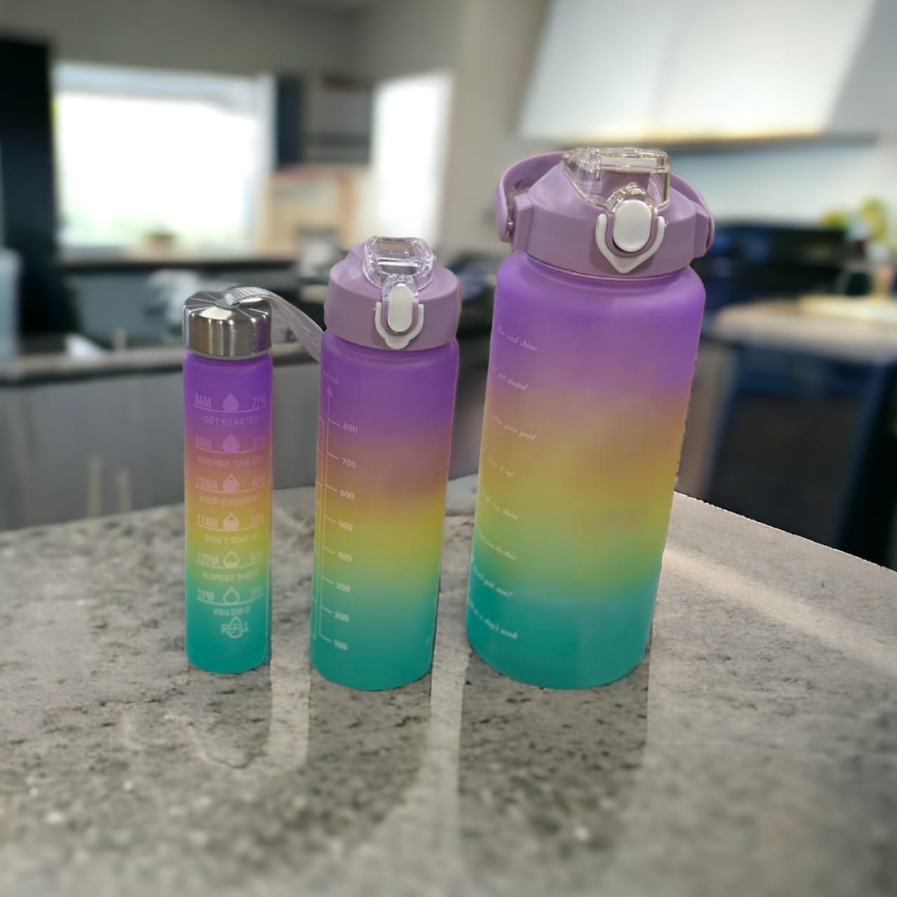 Set 3 pcs Motivational water bottle with straw & stickers