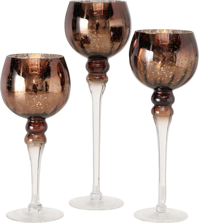 3 pcs glass candle holder brown set