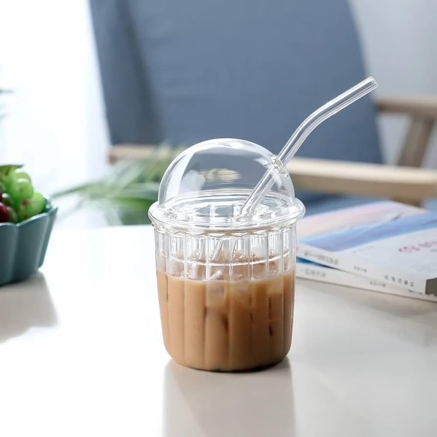 450 mL Transparent Iced coffee Glass with bubble lid & straw