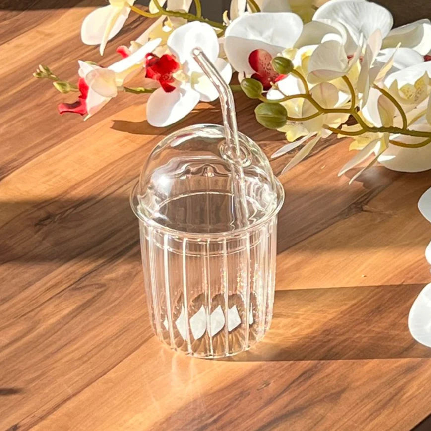 450 mL Transparent Iced coffee Glass with bubble lid & straw