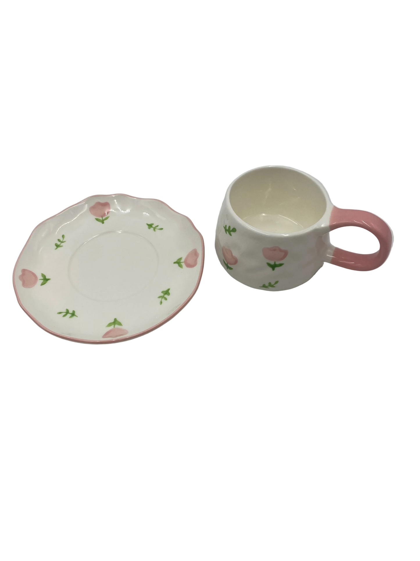 2 Pcs Ceramic Flower Mug With Plate Set