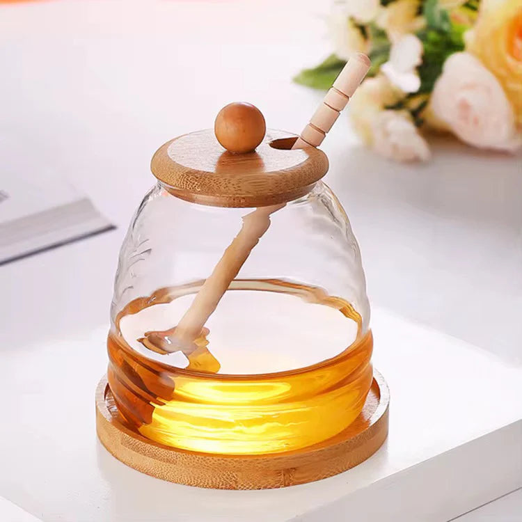 Transparent Amber Glass Honey Pot With Honey Dizzler