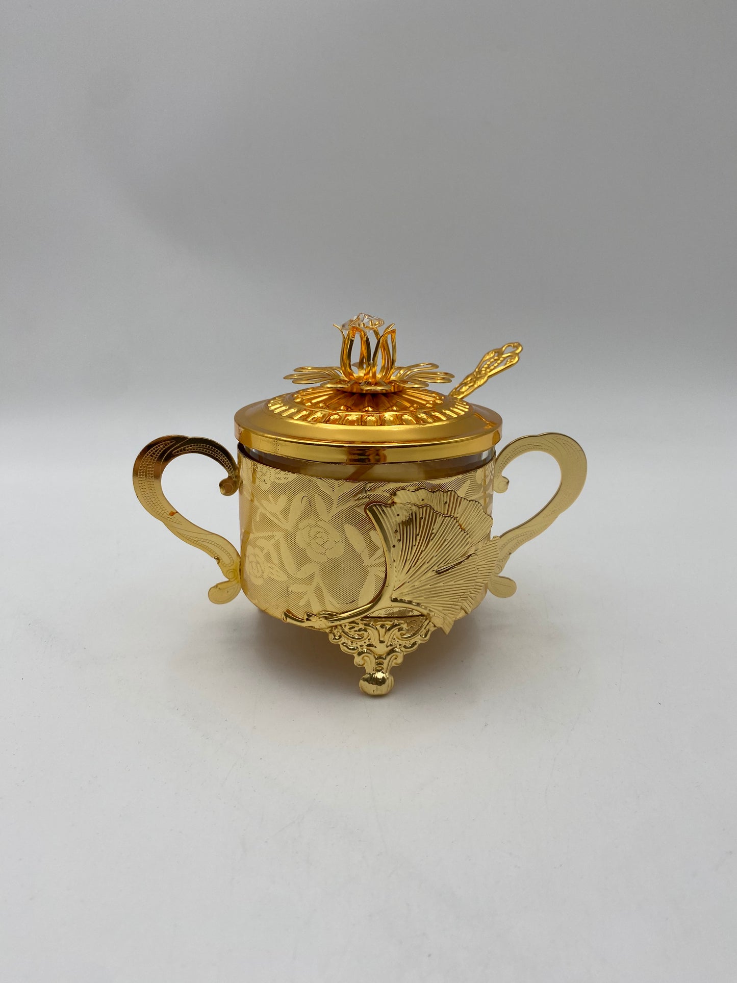 Glass Sugar Bowl Metal Golden Patterned W/ Golden Spoon