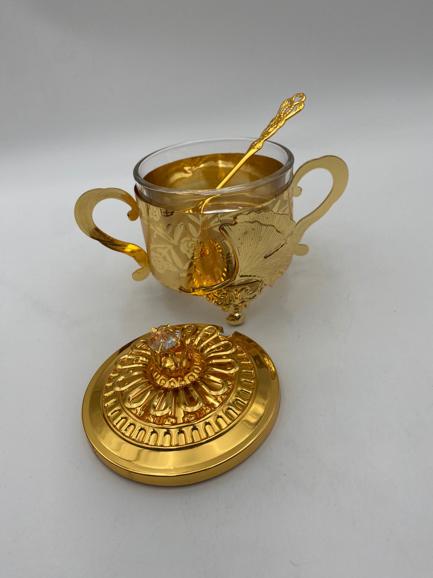 Glass Sugar Bowl Metal Golden Patterned W/ Golden Spoon
