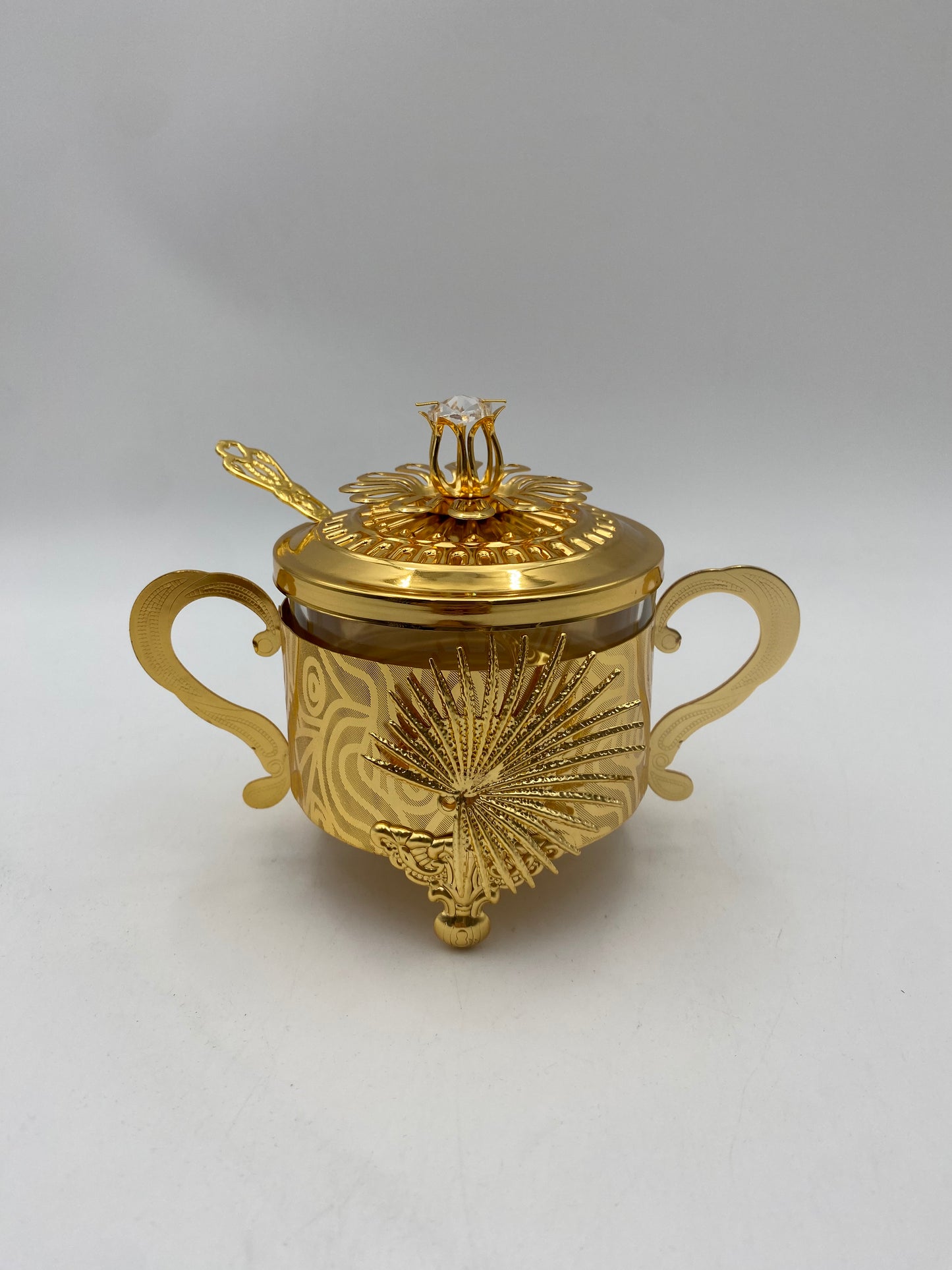 Glass Sugar Bowl Metal Golden Patterned W/ Golden Spoon