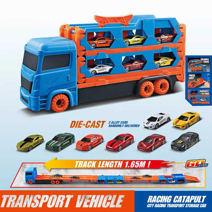 Foldable Ejection Rail Friction Power Alloy Cars Transport Carrier Toy Truck and Trailer for Kids