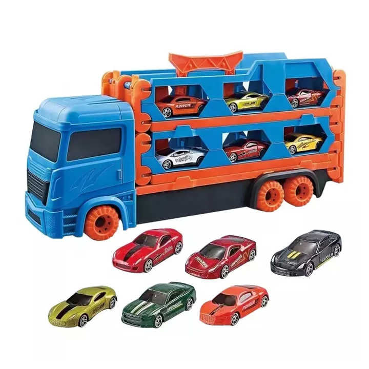 Foldable Ejection Rail Friction Power Alloy Cars Transport Carrier Toy Truck and Trailer for Kids