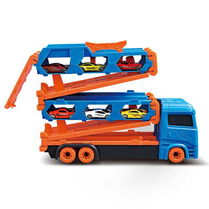 Foldable Ejection Rail Friction Power Alloy Cars Transport Carrier Toy Truck and Trailer for Kids