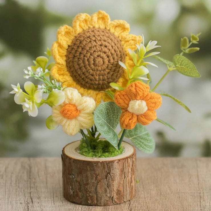 Handmade Crochet Sunflower Pot with Artificial Plant