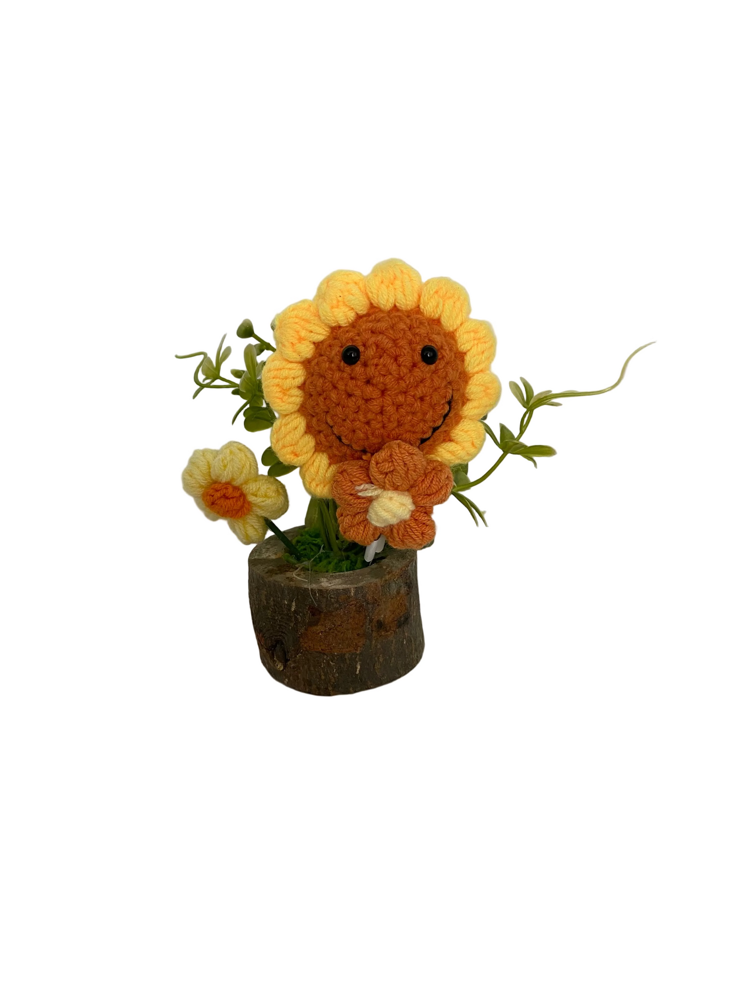 Handmade Crochet Smiling Sunflower Pot With Artificial Plant