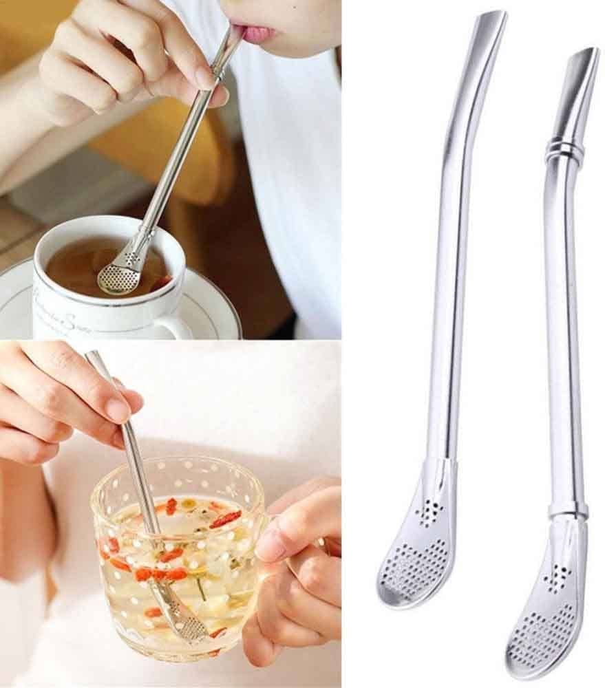 3 Pcs Stainless Steel Drinking Spoon Straws Filter for Tea with 3 Pcs Straw Brush