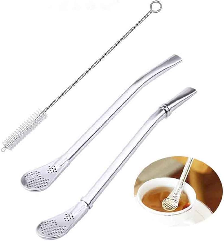 3 Pcs Stainless Steel Drinking Spoon Straws Filter for Tea with 3 Pcs Straw Brush