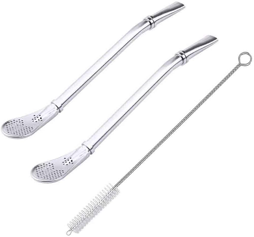 3 Pcs Stainless Steel Drinking Spoon Straws Filter for Tea with 3 Pcs Straw Brush