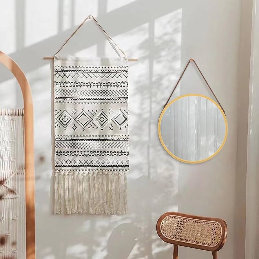 Round Hanging Mirror with Wood Framed / Small Circle Wall Mirror with Leather Strap