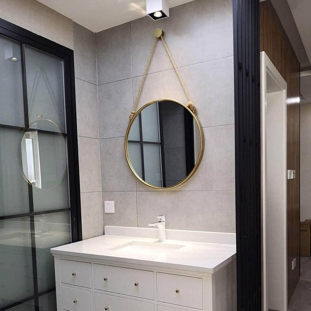 Metal Frame Mirror with Adjustable Hemp Rope / GoldRound Mirror Hanging Wall-mounted Mirrors