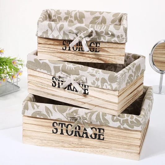 3 Pcs Rectangular Wooden Storage Basket Set