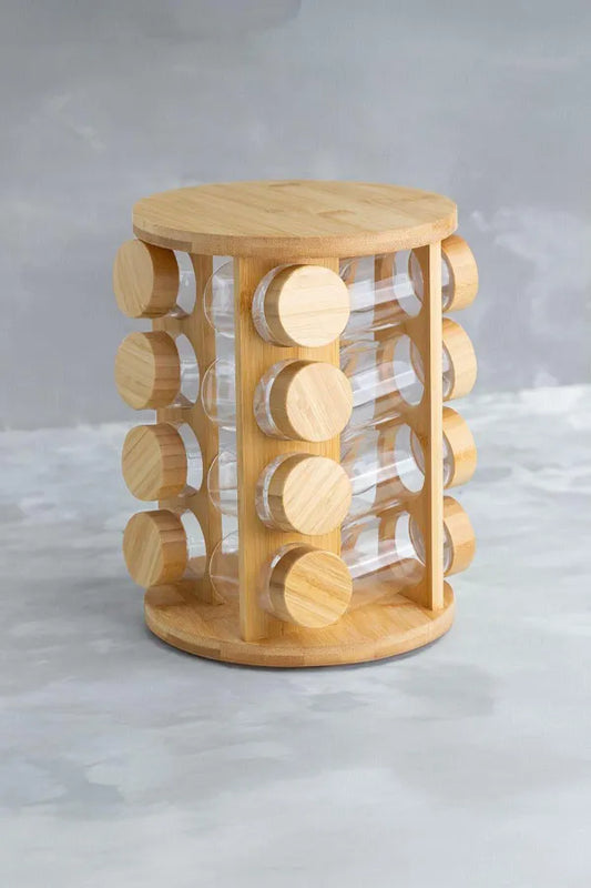 16 Pcs Glass Spice Set Jar With Bamboo Rotating Stand