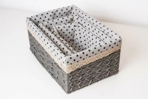 3 Pcs Rectangular Woven Basket With Printed Fabric Set