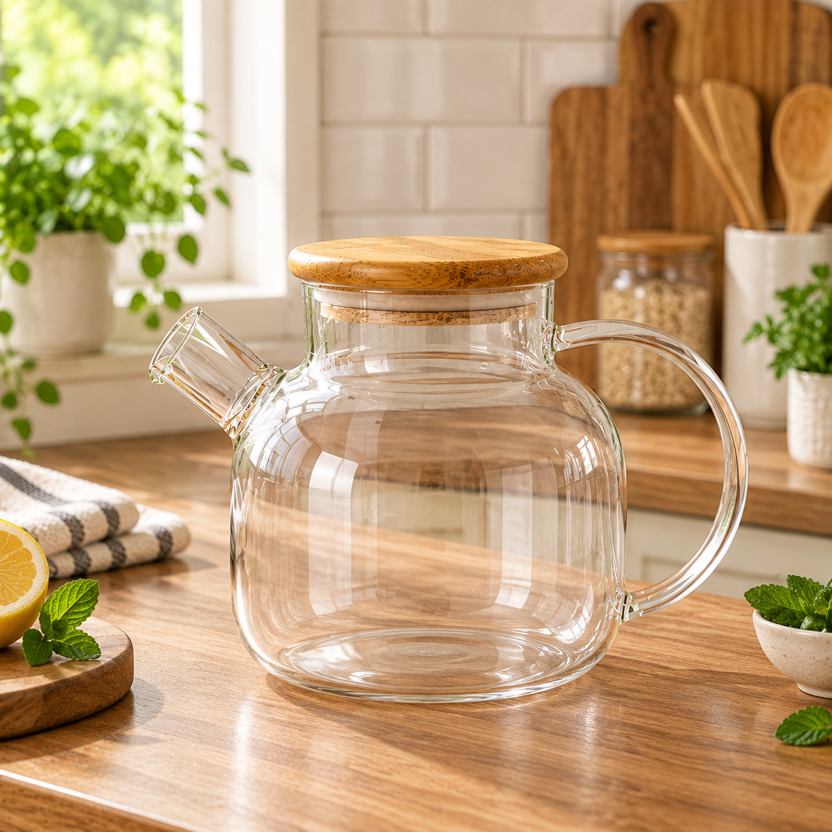 1.5 Litre Clear Glass Kettle With Wooden Lid