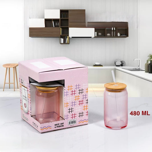 Colored Transparent Glass Cup W/ Glass Straw With Bamboo Lid