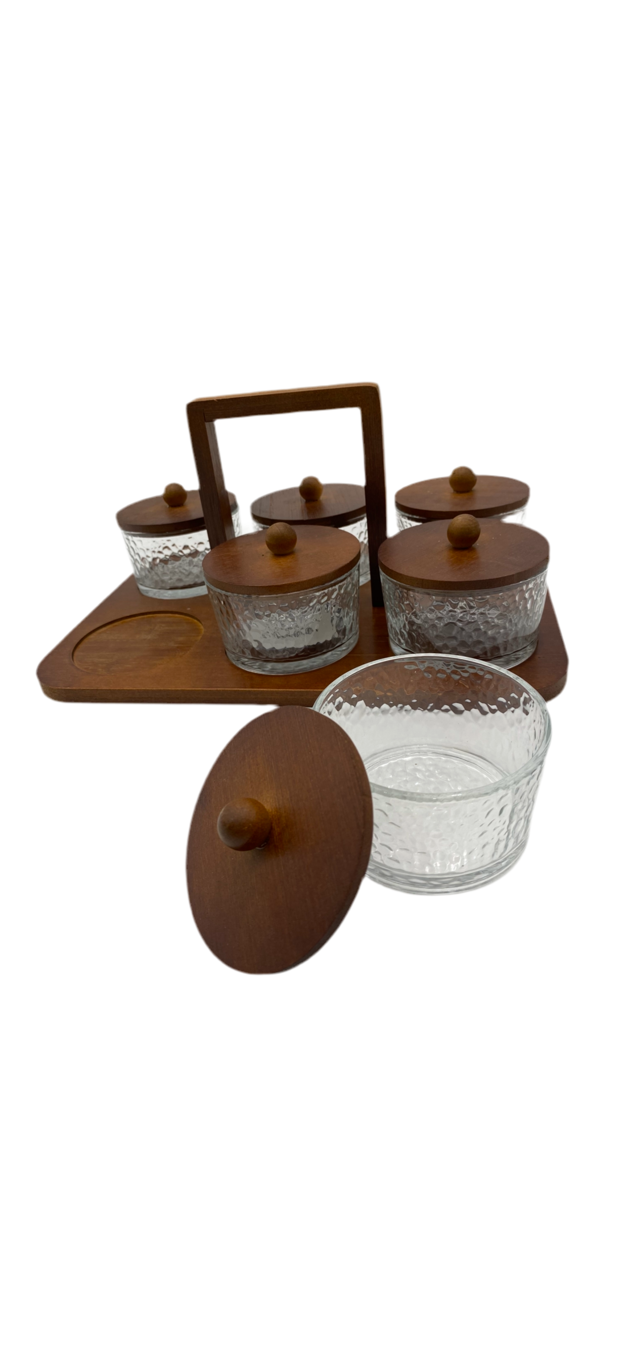 Set of 6 pcs glass rounded bowls with wooden lids /tray