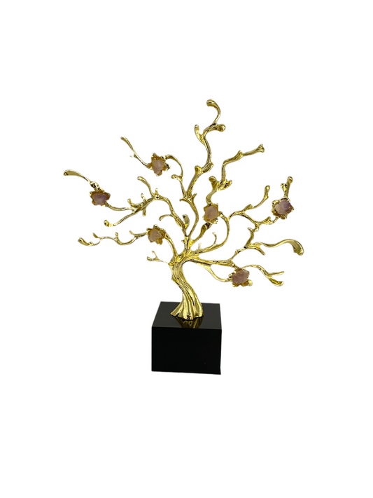 Golden Metal Tree- Crystal Stone With Marble Base Statue Ornament Decoration