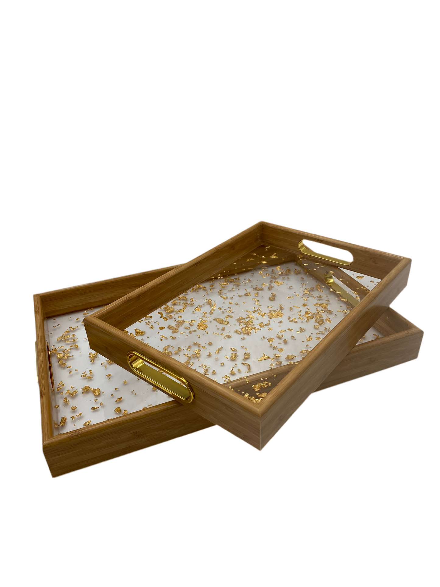 2 Pcs Plexi Golden  Foil Tray W/Wooden Patterned