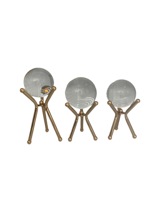 3 Pcs Golden Metal Stand With Glass Decorative Ball Set