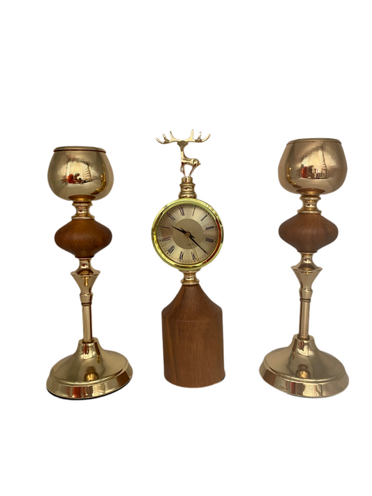 Set 3 pcs Wood/Metal Candel Holder with Roman Clock